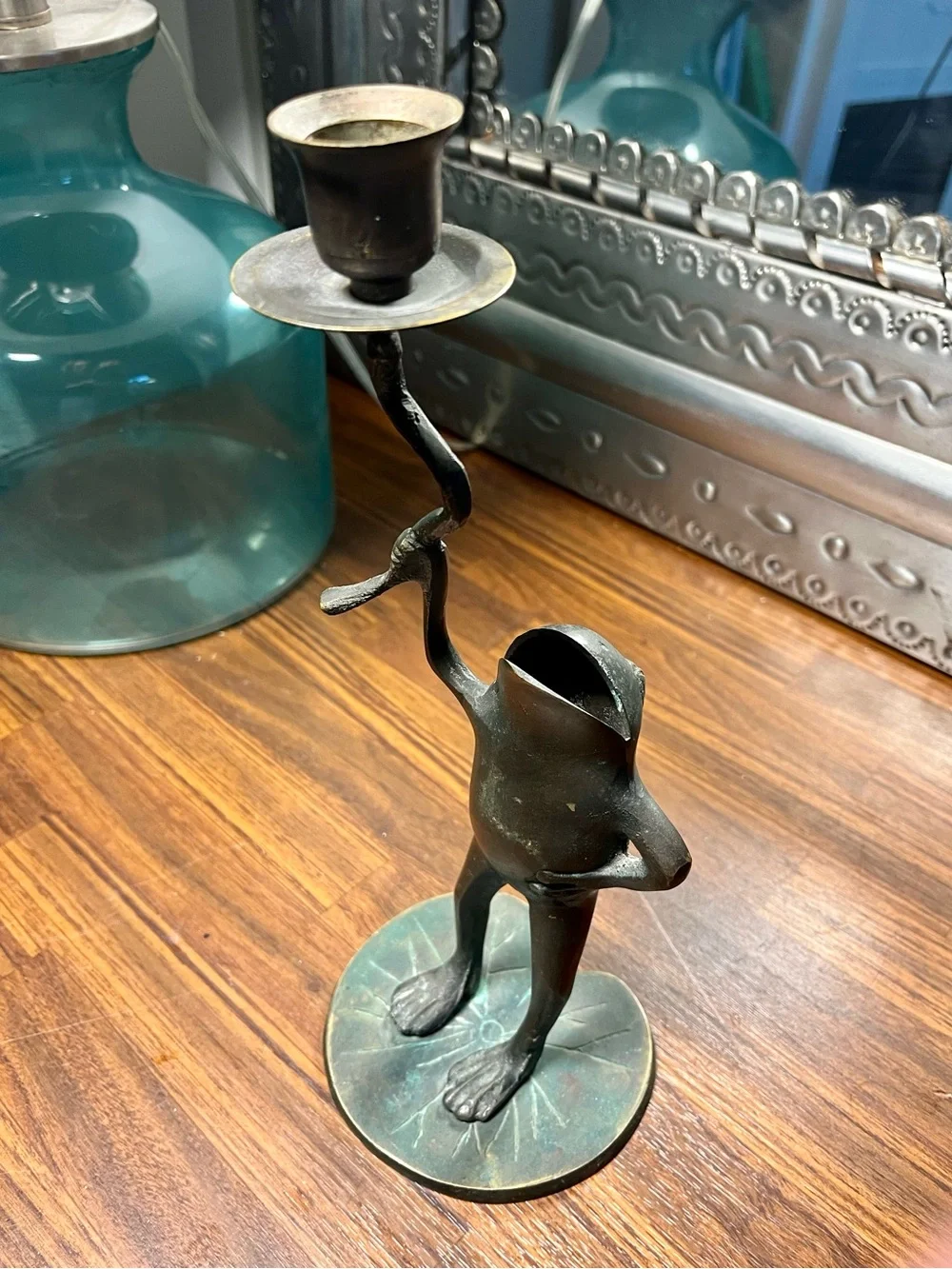 SPI Bronze Oxidized Verdigris Frog candlesticks x3 metal Art vintage